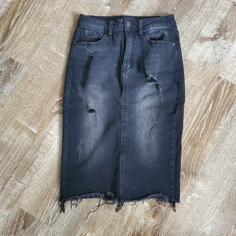 Black denim stretch Jean skirt with rips modest knee length